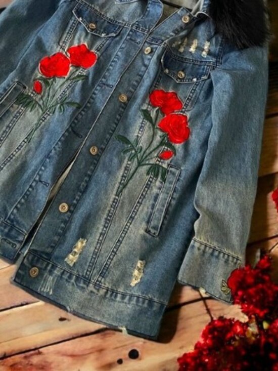 La Coalition Jackets & Blazers - Embroidered Rose Denim Jacket Distressed Floral Jean Jacket Oversized